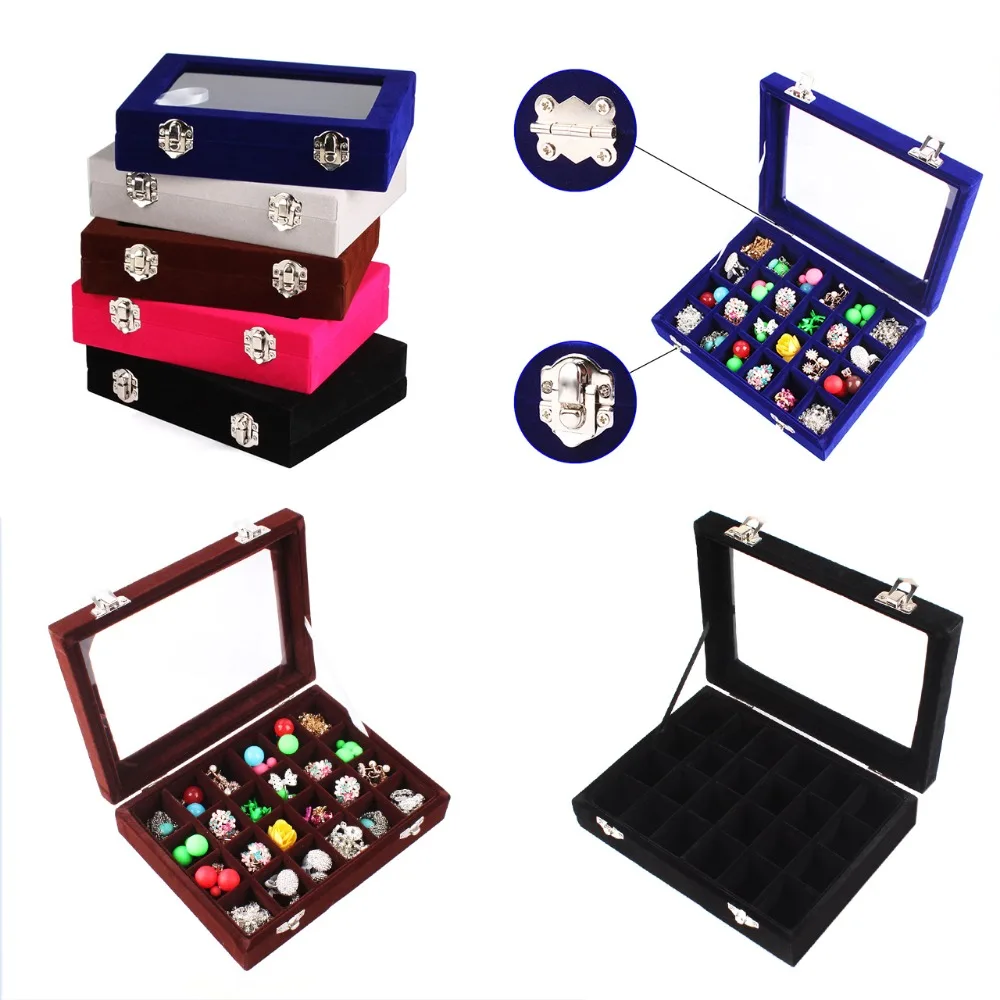 24 Grids Black Blue Gray Velvet Jewelry Box Organizer Ring Earrings Necklaces Makeup Holder Storage Case Casket For Women #86003 | Украшения