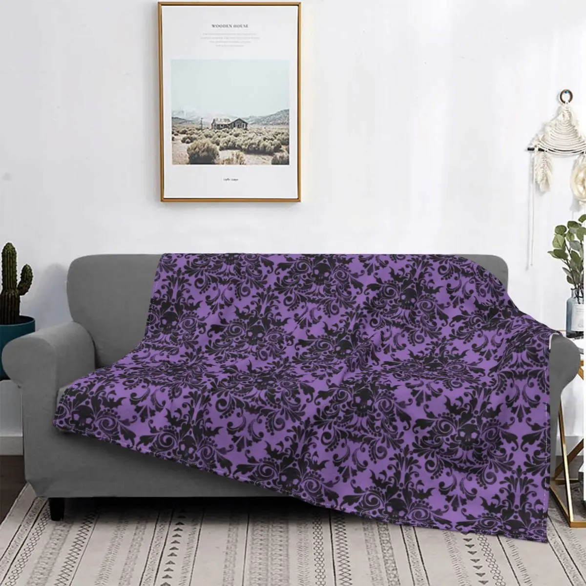 

Skull Damask Gothic Velvet Throw Blanket halloween retro flower skeleton Blankets for Bed Travel Super Warm Bedroom Quilt