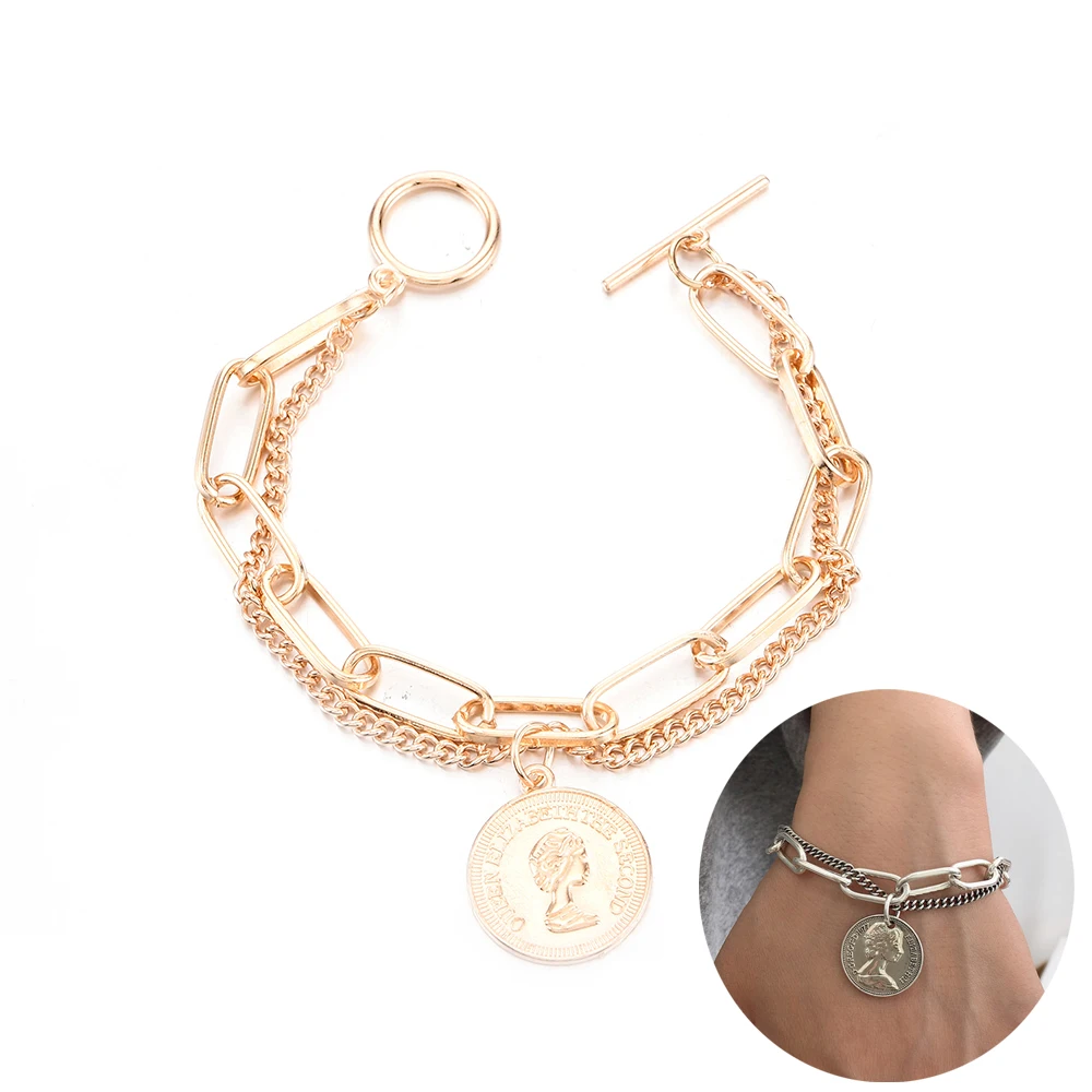 

Fashion Ins Jewelry Double Layer Chain Bracelet For Women New Gothic Portrait Coin Charm Pendant Bracelets Gifts Accessories