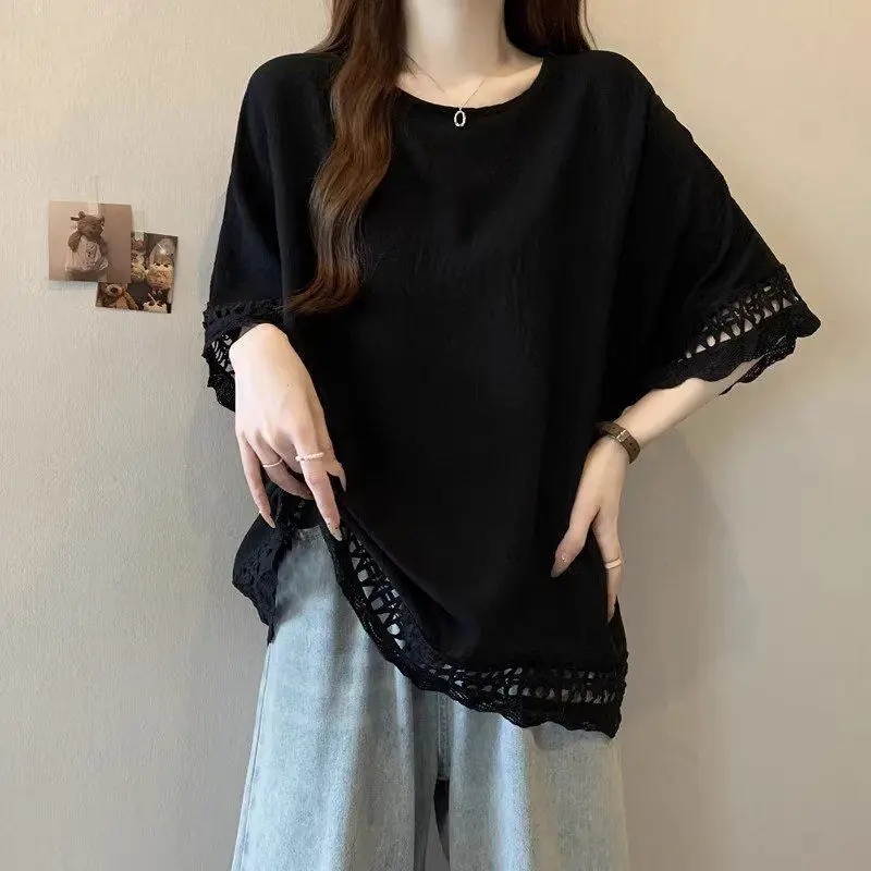 Женская Кружевная футболка с круглым вырезом свободная универсальная тонкая