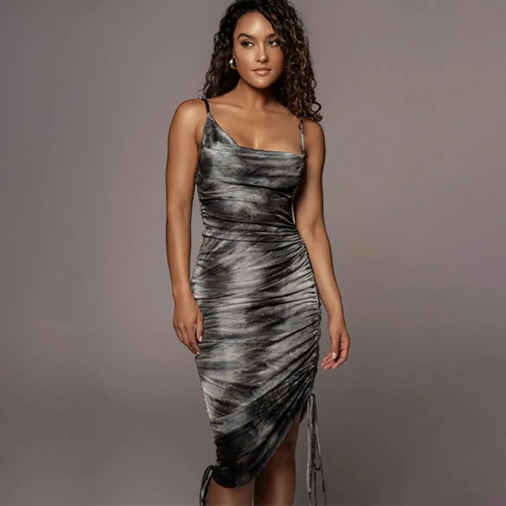

Sling Sleeveless Low Collar Backless Women Dress Side Drawstring Tie-Dye Print Bodycon Dress Streetwear Dresses for Women 2022