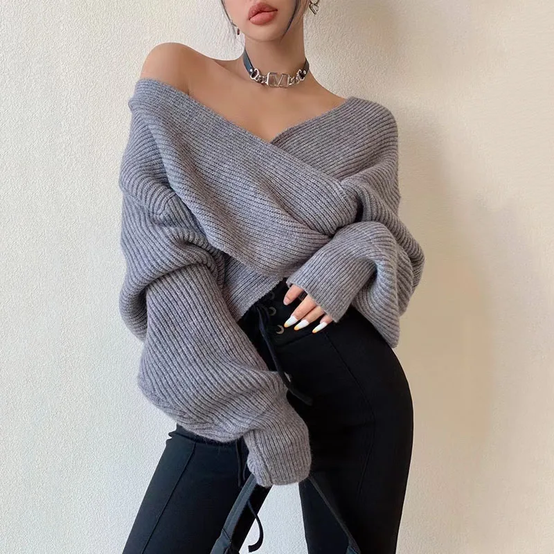 Fashion Big Cross Korean Knitted Sweater  Women Elegant Pullover Sexy Loose Tops Autumn and Winter Lantern Sleeve Jumper 23639