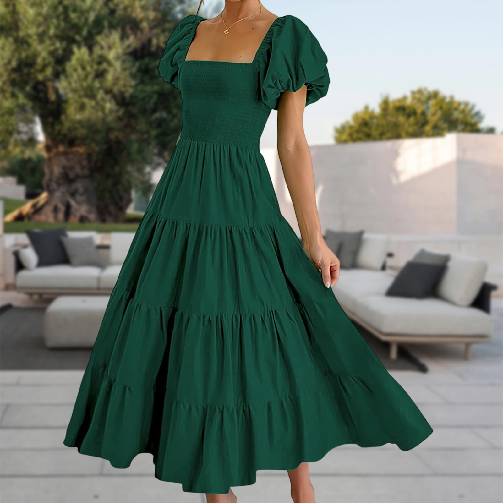 

Women Casual Dress Short Sleeve Square Neck Maxi Skirt Puffy Long Bodycon Suit Smocked Tiered Solid Color for Holiday Shopping