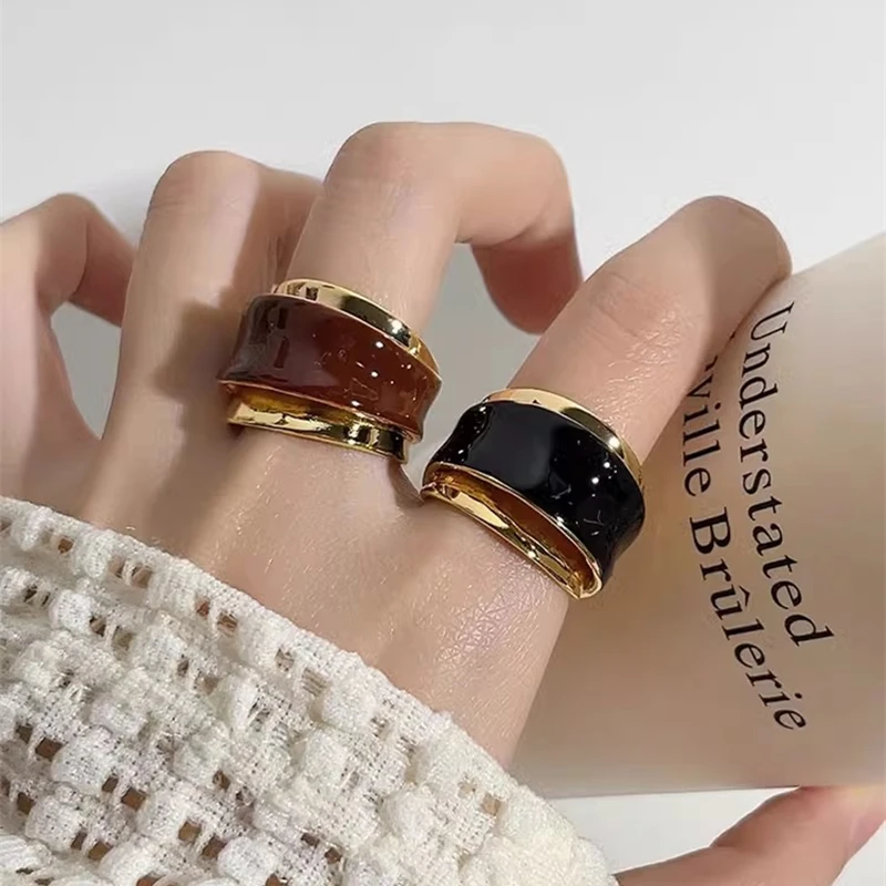 

Vintage Double-layer Chocolate Color Enamel Drip Glaze Open Rings for Women Girls Exquisite Elegant Trend Jewelry Accessories