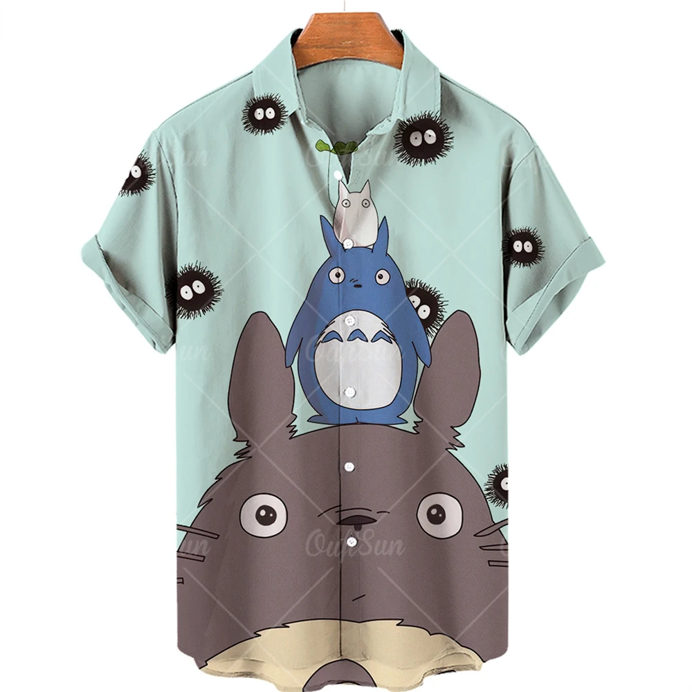Shirts For Men Hayao Miyazaki Anime Totoro Faceless Printing Lapel Short Sleeve Shirts Fashion Cartoon Harajuku Women's Tops 5XL