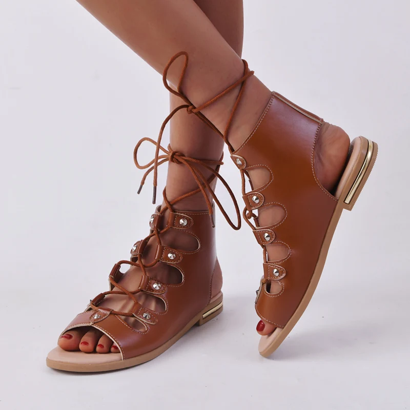 

Studded Cross Strap Sandals Women's Summer 2022 Fashion Casual Low Heel Roman Shoes Women Leather Lace Up Trend Sandals