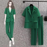womens blazer suits large size 2022 summer korean short sleeve suit jacket elastic waist loose cropped pants two piece set h117
