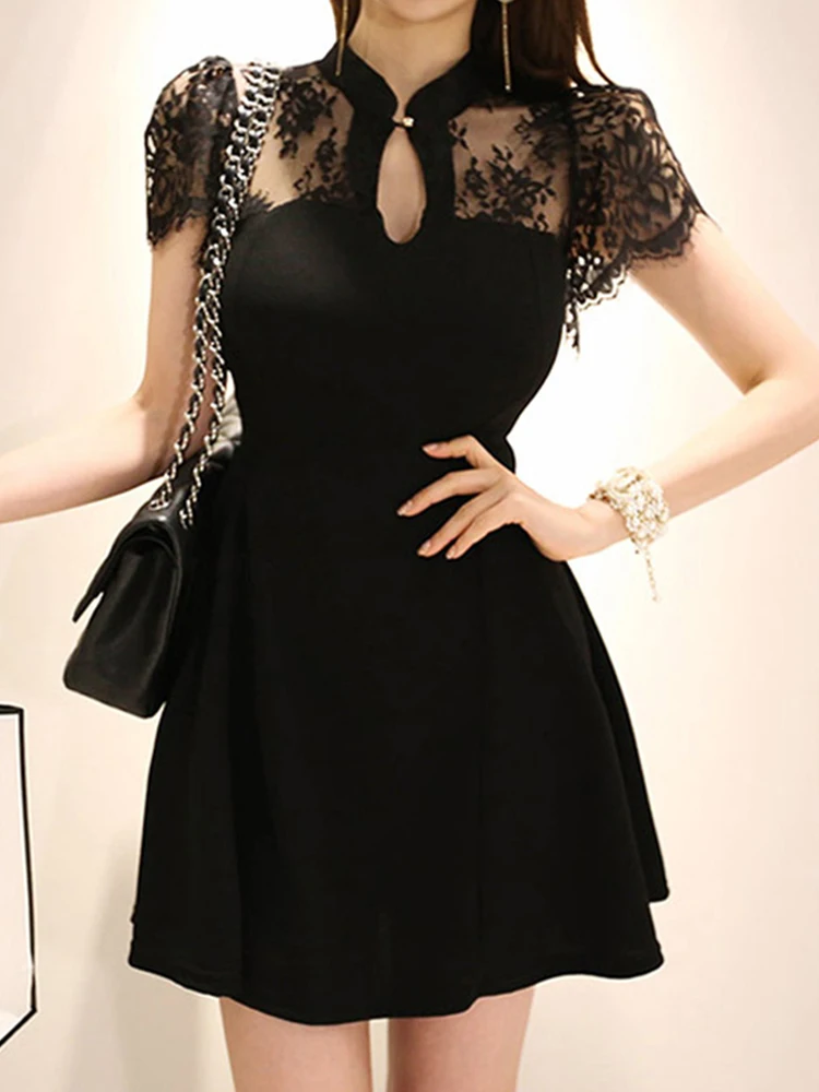 

Elegant Sweet Evening Dress Women Black Retro Sexy Cut Out Lace Sheer Mini Gown Femme Party Club Vestidos Mujer Chinese Style