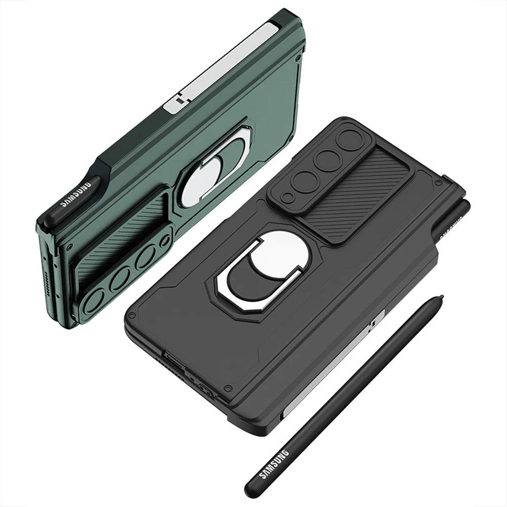For Samsung Galaxy Z Fold 3 5G Case Magnetic Hinge Slide Lens Finger Bracket Pen Slot Holder Shockproof Cover With Tempered Film