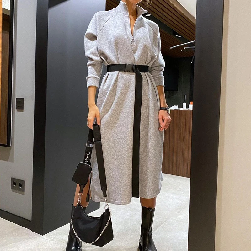 

Осеннее женское модное повседневное длинное платье, зимнее платье-свитшот с длинным рукавом, женское однотонное свободное платье-пуловер на молнии с пряжкой и поясом