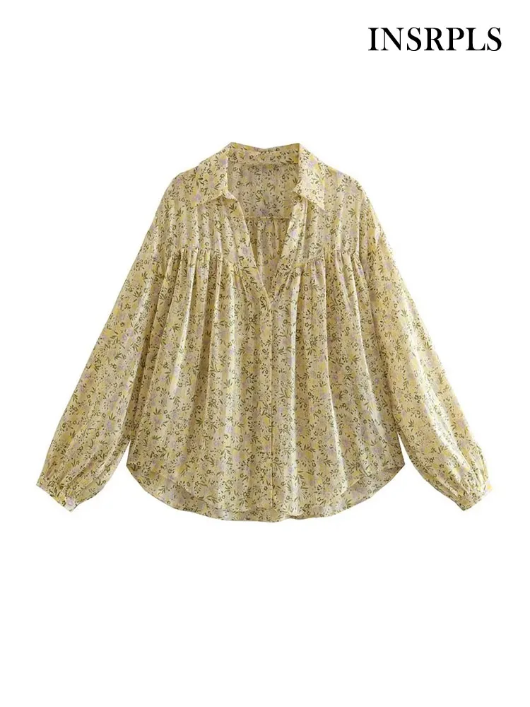 

INSRPLS Women Fashion Floral Print Asymmetric Loose Blouses Vintage Long Sleeve Front Button Female Shirts Blusas Chic Tops