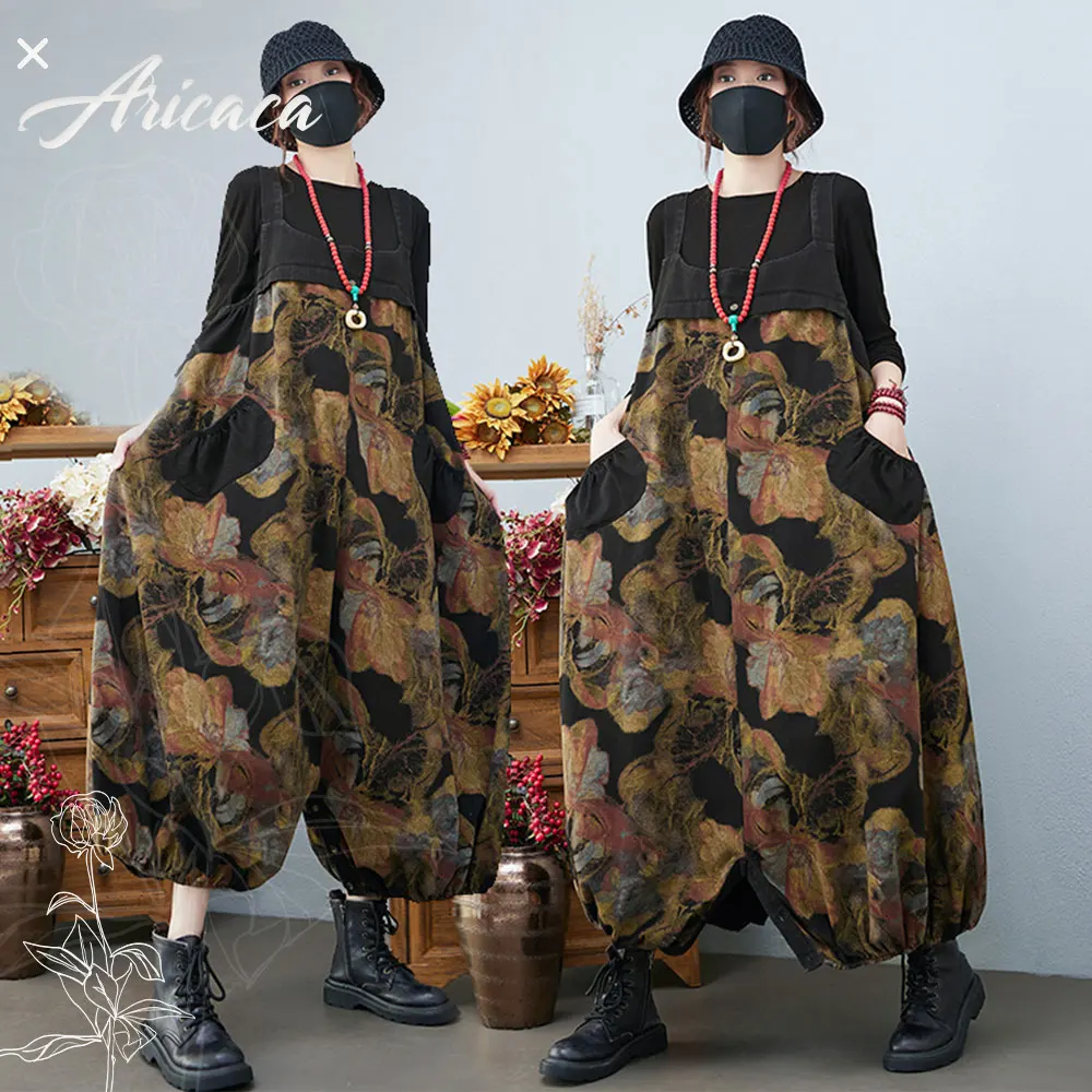 

Aricaca High Quality Fashion Casual Bib Pants Jumpsuits Women Oversize Spliced Denim Overalls M-2XL Dress