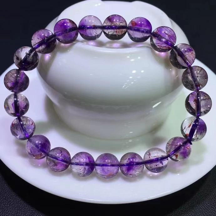 

Genuine Natural Purple Super Seven 7 Bracelet 9.3mm Rare Purple Rutilated Quartz Clear Round Beads Men Women AAAAAA