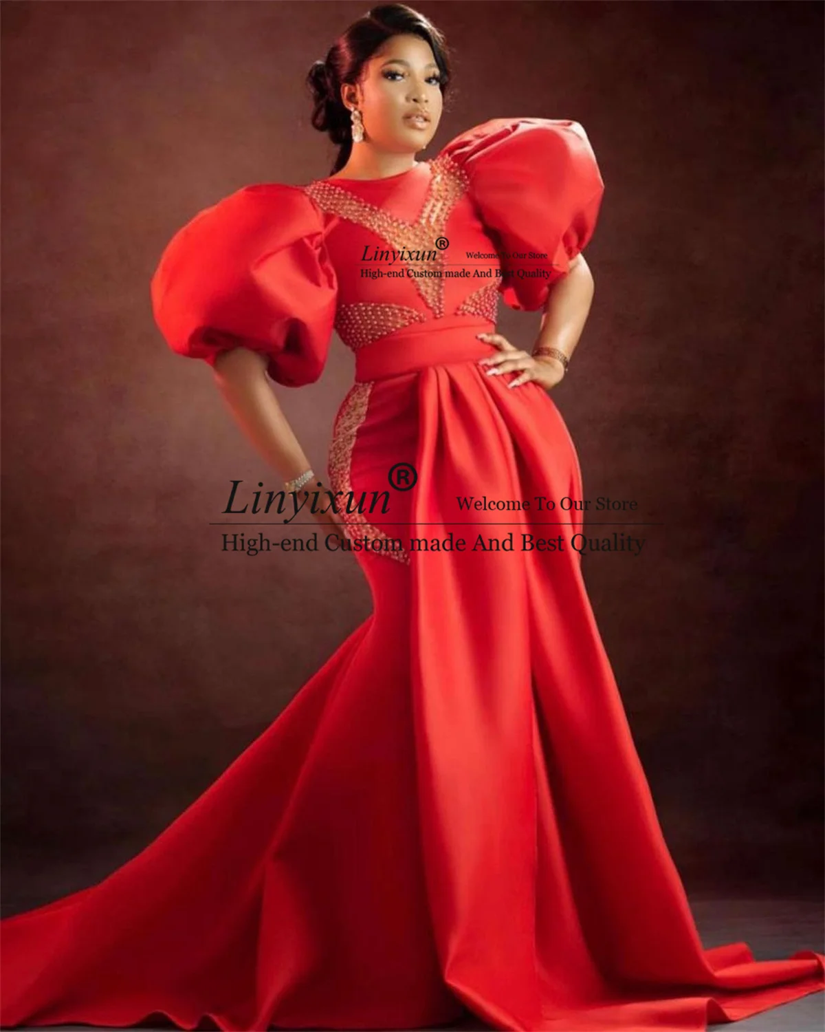 

Plus Size Red Aso Ebi Mermaid Prom Dresses Shape Puffy Sleeves With Train Women Evening Gowns Sheer Beaded robes de soirée