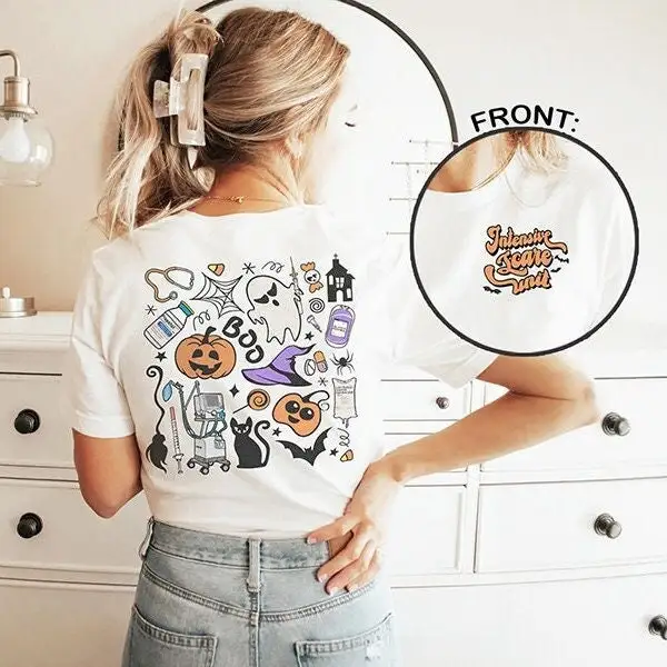 Хэллоуин Icu Медсестра Футболка Интенсивный Пугающий Блок Doodles Back Design Boo Crew Micu Sicu