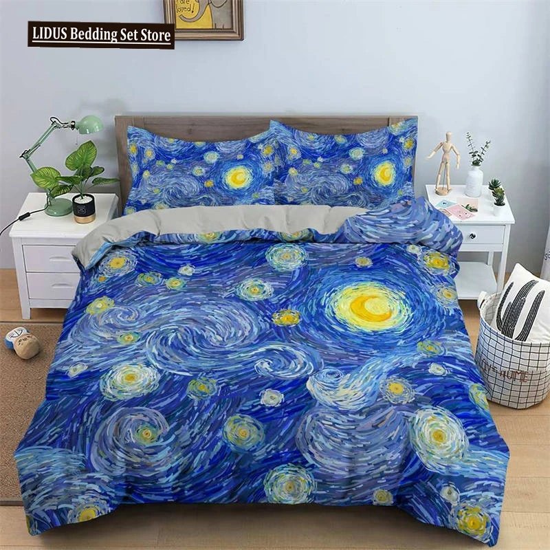 3D художественный комплект постельного белья King Monet Van Gogh Style Sky Oil Painting Pattern