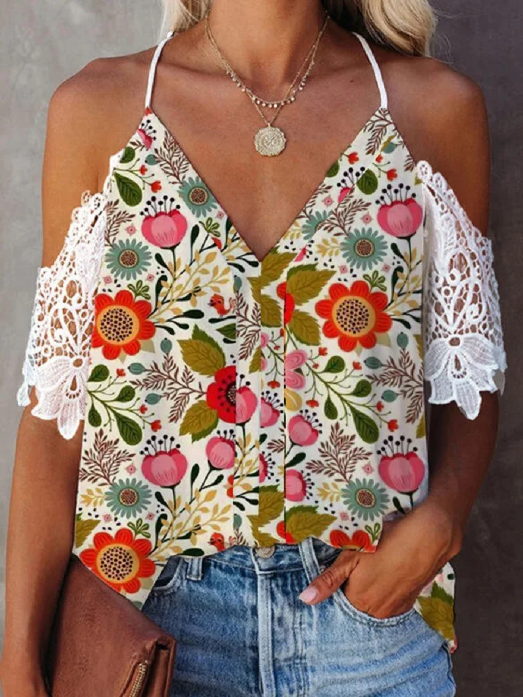 

Spring 2022 fashion women’s loose Lace v Neck t-shirt