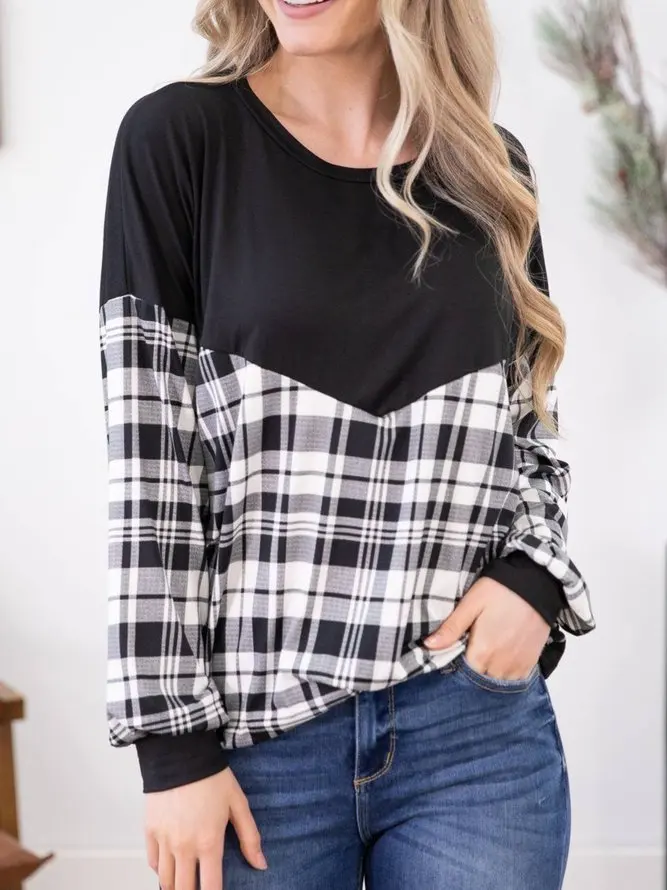 

Spring Autumn Fashion Casual Retro Shirts Loose Tops Woman Plaid Print Stitching Long Sleeve Loose T Shirt Top Women graphic tee