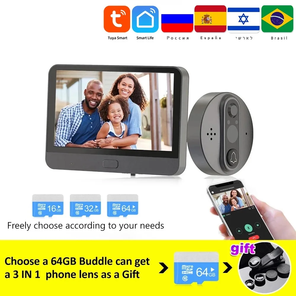 

Дверной видеоглазок Tuya для умного дома, беспроводной Wi-Fi видеодомофон с дверным звонком, звонок для квартиры