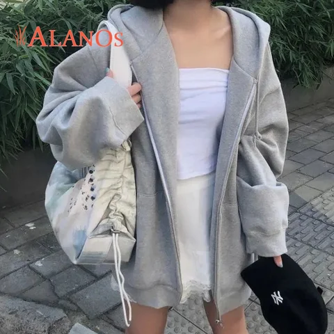 ALANOS Women Couple Hoodies Sweatshirt Zip-up Cotton Solid Oversized Sports Outfit Spring Winter Casual Loose Women's Clothing