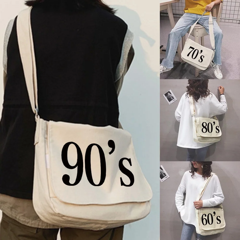 

Вместительные холщовые сумки через плечо для женщин, японская Диагональная Сумка в стиле Харадзюку, студенческий портфель для денег через плечо с принтом 90-60-х годов