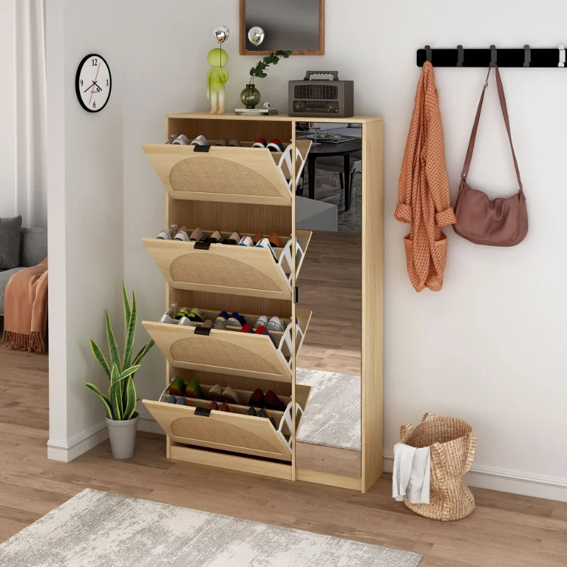 

Aukfa Rattan Shoe Cabinet with Mirror 4-Tier Shoe Rack Storage Cabinet - Oak