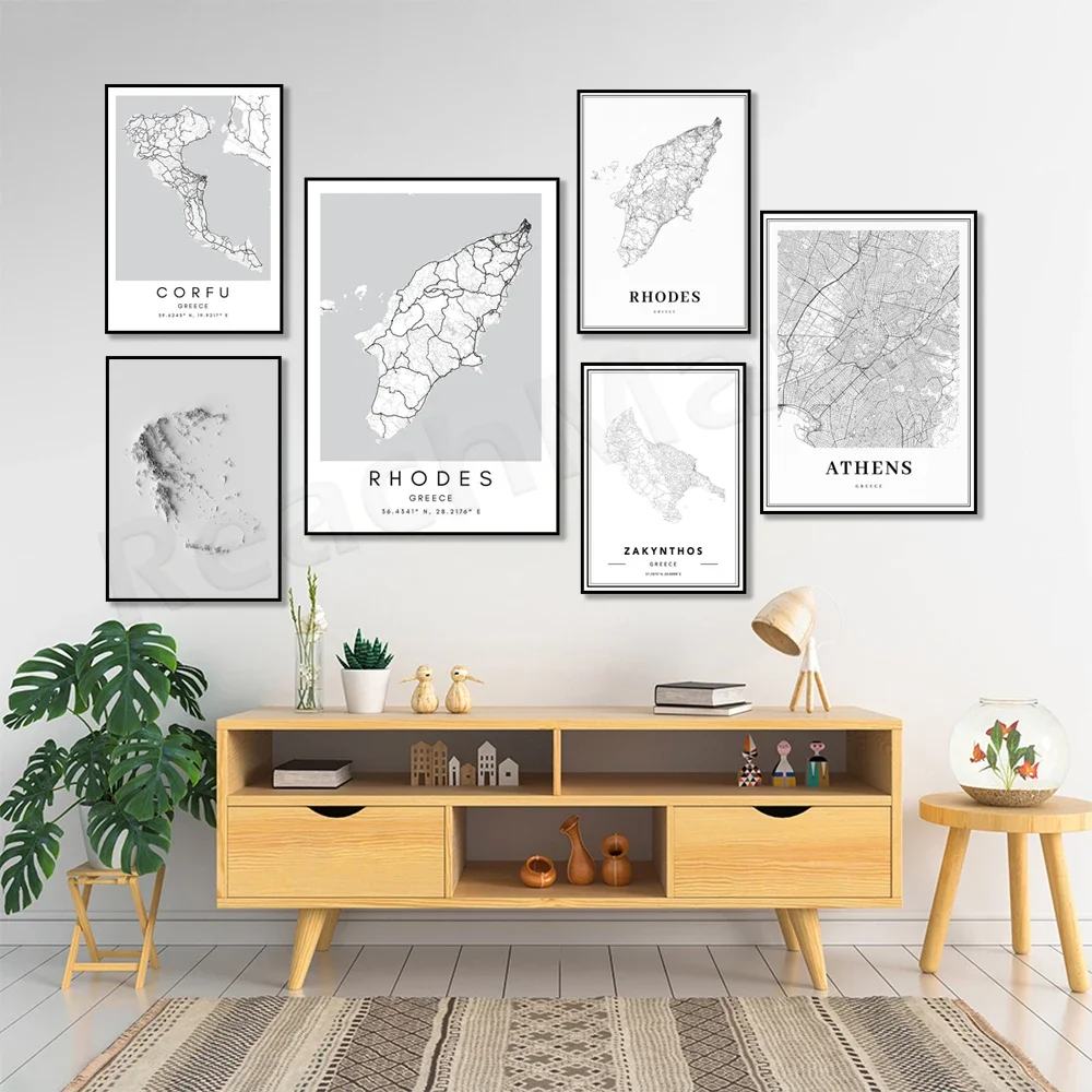 Greece Map Athens Zakynthos Corfu Rhodes Poster City Street Route Print