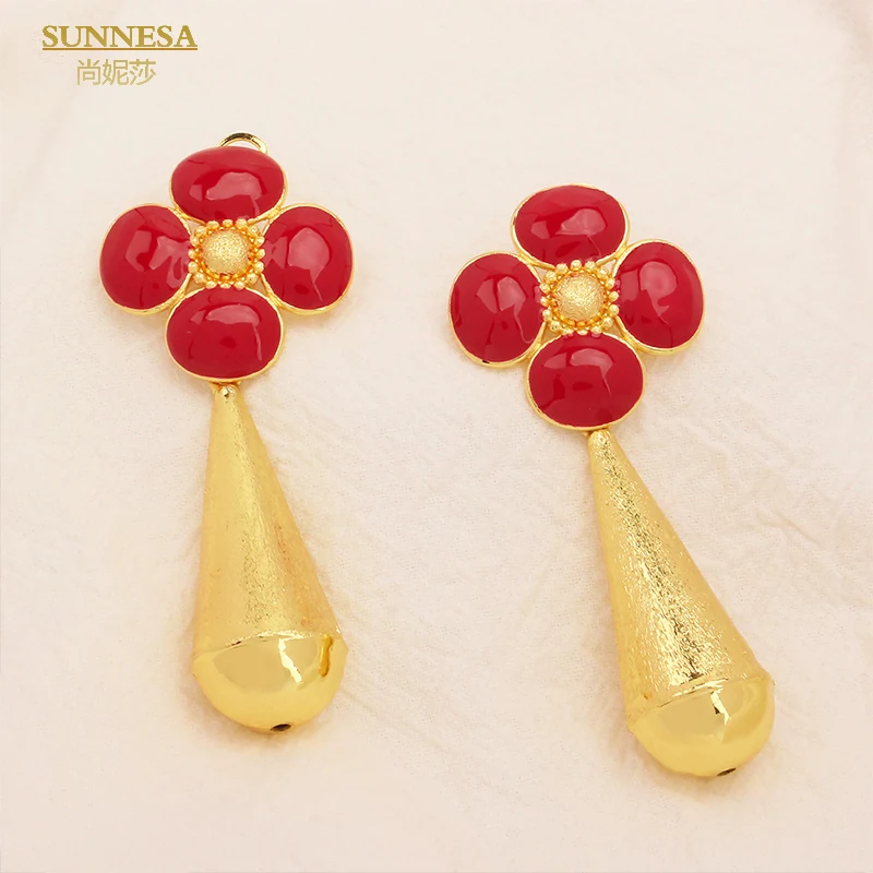 

SUNNESA Red Flower African Drop Earrings for Women Luxury Italian 18k Gold Plated Jewelry Elegant Dubai Irregular Big Earrings