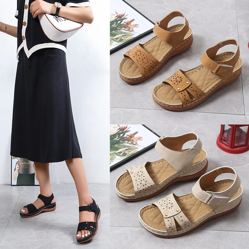 Summer Women's Sandals Wedge Hook&loop Ladies Flats Shoes Sewing Platform Female Open Toe Casual Sandals Plus Size Woman Shoes