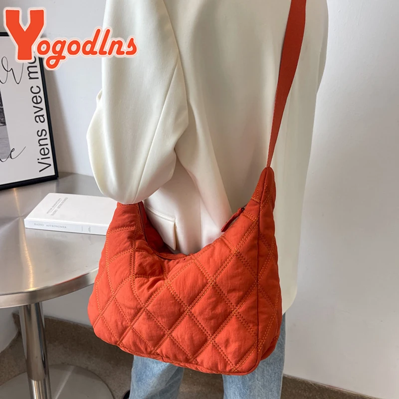 

Yogodlns Quilted Nylon Women's Bag Female Large Capacity Shoulder Bag Cotton Padded Crossbody Bag Lattice Down Thread Tote Purse