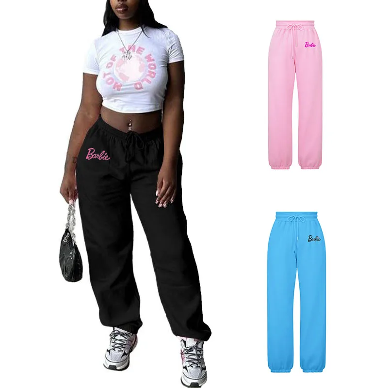 

Casual Cartoon Barbie Fashionable Velvet Warm Sports Pants Girls Sweet Cool Style Loose Comfortable Drawstring Elastic Pants