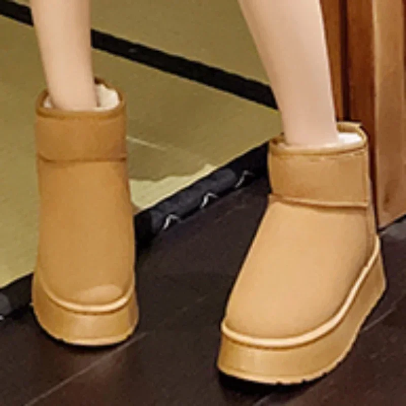 

Женские ботинки без шнуровки, зимние однотонные теплые удобные водонепроницаемые ботинки на среднем каблуке, с круглым носком, из флока, 2023