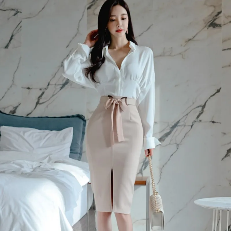 

2022 Spring Women OL Work Wear 2 Pieces Set White Blouses + Lace-Up Sheath Pencil Bodycon Skirt Sets