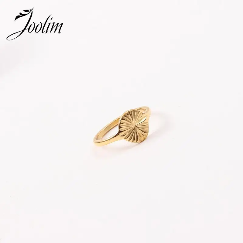 

Joolim Jewelry High End Pvd Wholesale Waterproof Simple Dainty Round Seal Light Burst Stainless Steel Finger Ring for Women