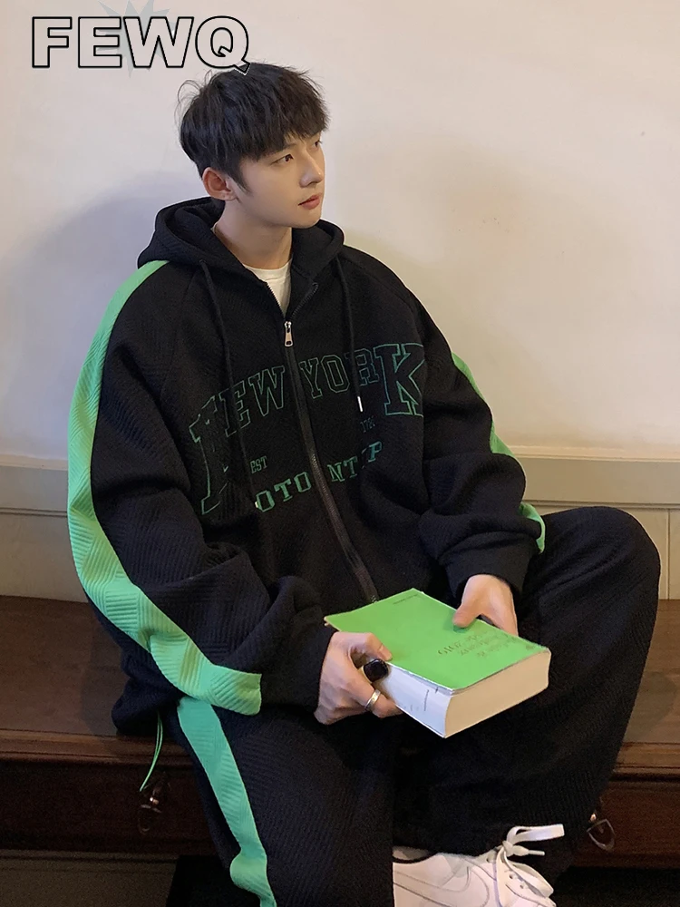 

FEWQ 2022 Autumn New Embroidery Set Men Casual Hooded Sweatshirt Straight Pants Contrast Color Stripe Male Two-piece Sets 24A731