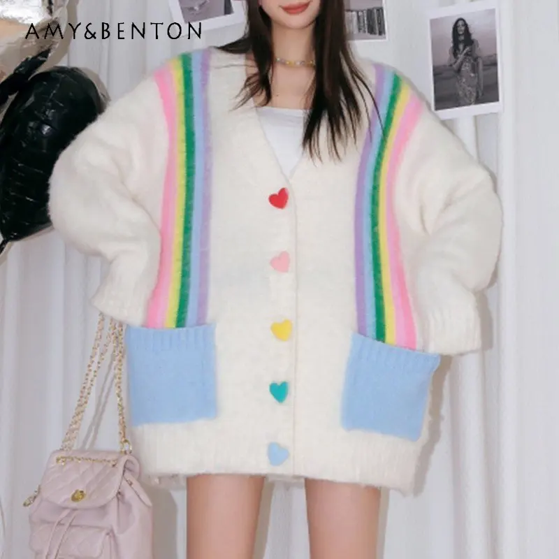

Autumn Sweet Elegance V-neck Knitted Coats Rainbow Love Single-Breasted Design Loose Sweater Fashion Cardigan Sweater for Women