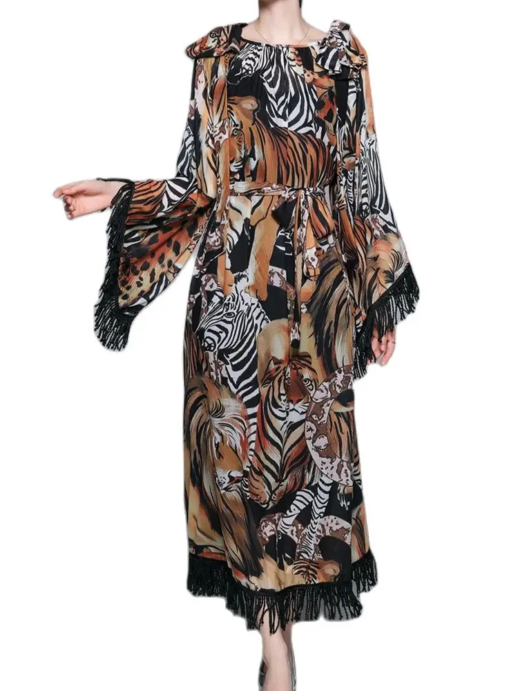 

Повседневное платье, весна-лето 2022, платье с принтом тигра и бахромой, с широким рукавом, платье с длинным рукавом, модная женская одежда