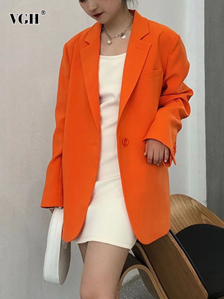 

VGH Orange Casual Blazer For Women Notched Collar Long Sleeve Back Split Temperament Blazers Female Fashion New Clothing 2022