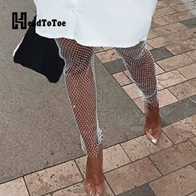 

Sexy Hallow Out See Through Glitter Pants Women High Waist Skinny Pants Party Clubwear