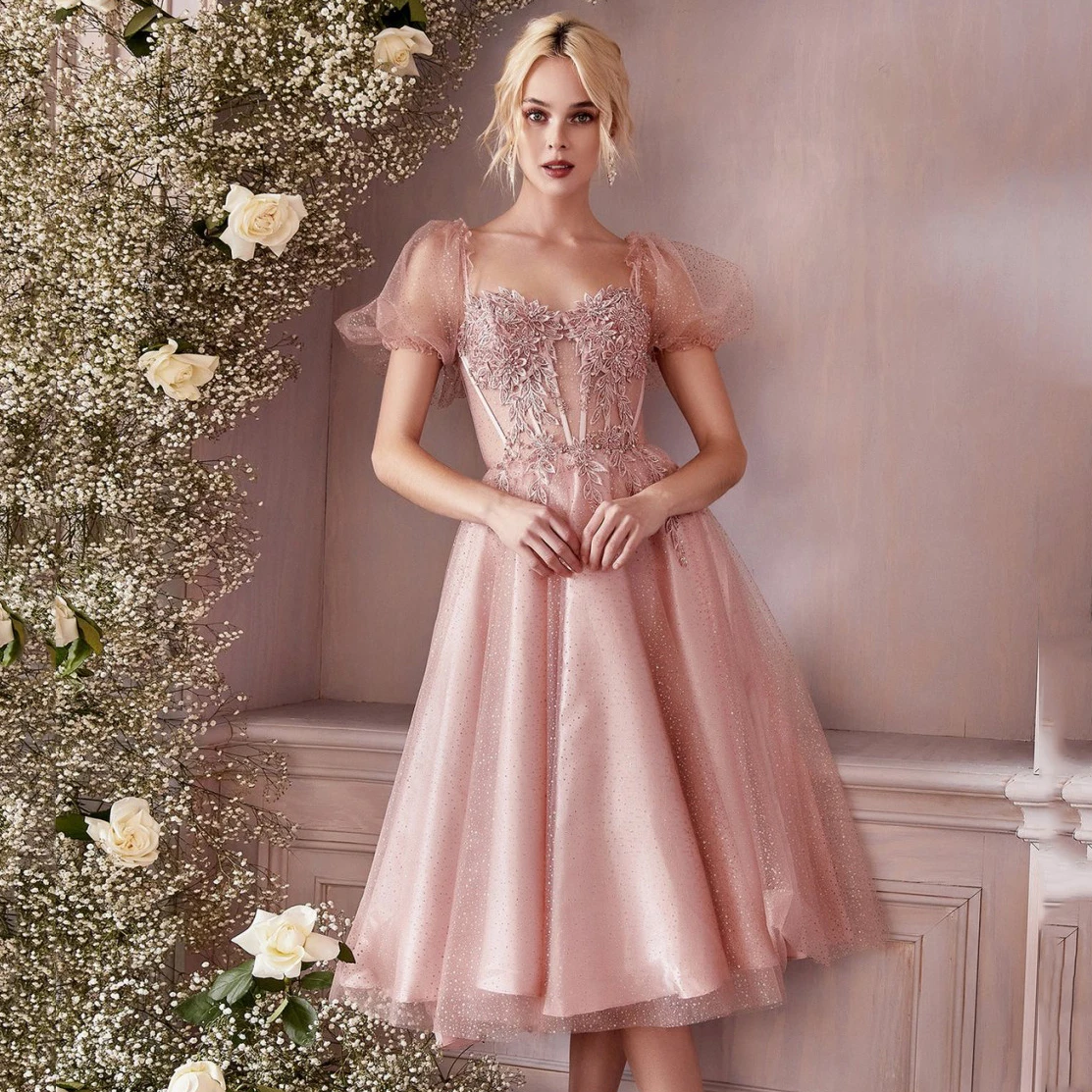 

Square Neck Party Dress Applique Floral Dress Sequins Women's Dress A-line Tulle Gown Short Sleeve Prom Dress Open Back Dress