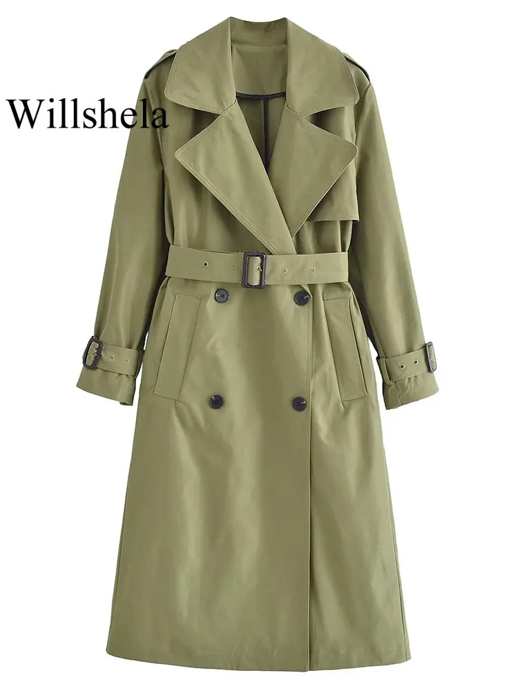 

Willshela Women Fashion With Belt Solid Double Breasted Trench Vintage Notched Neck Long Sleeves Female Chic Lady Outfits