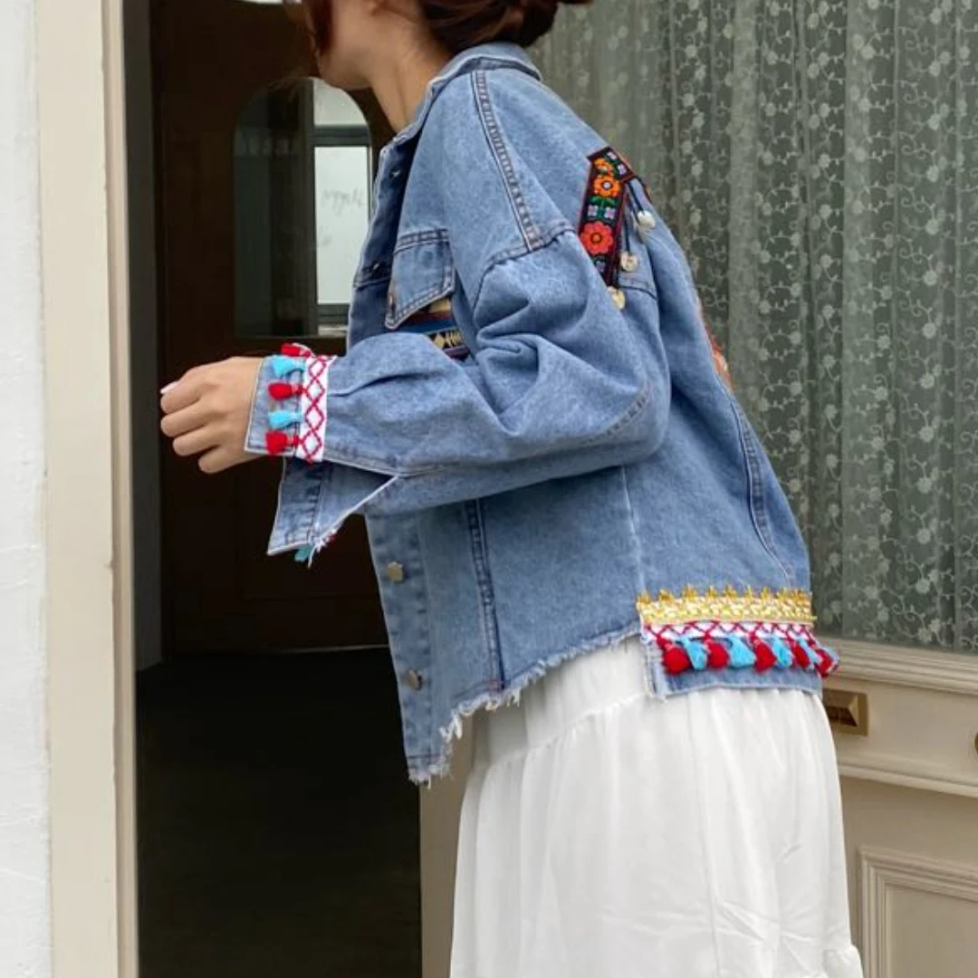 Винтажные осенние куртки с блестками и аппликацией кисточками цветочной