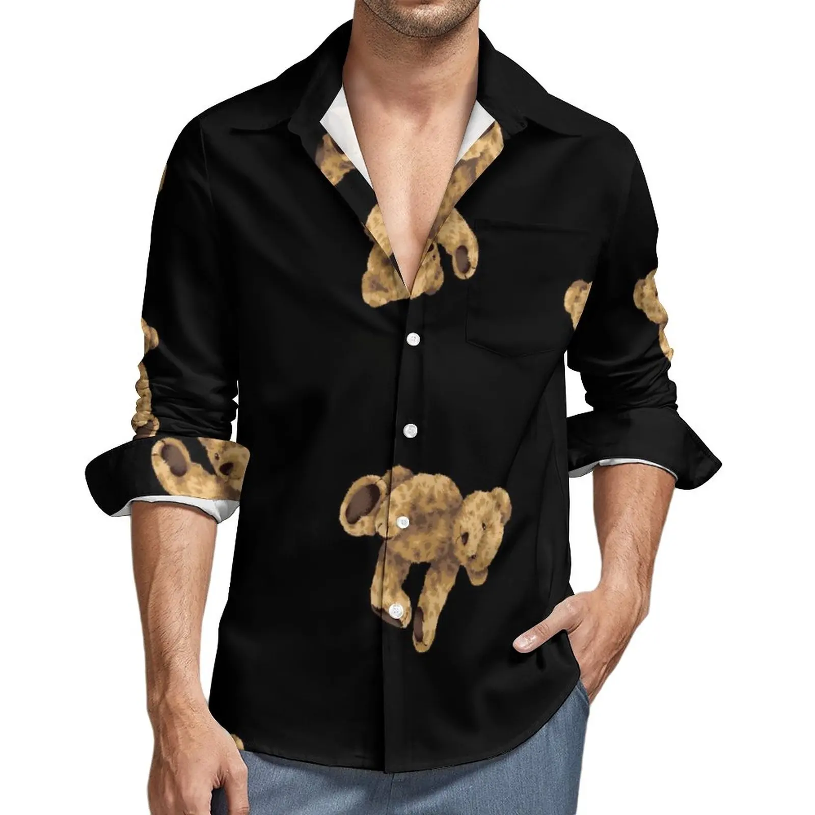 

Funny Bear Print Shirt Cute Animal Casual Shirts Long Sleeve Custom Streetwear Blouses Spring Fashion Oversize Clothing