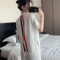 summer tb college style back red white and blue color strips short sleeved round neck knitted ice linen casual loose t shirt