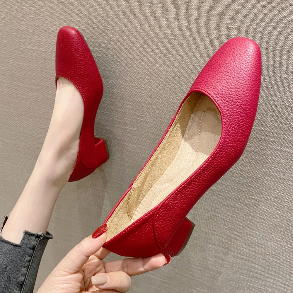 Red Fashion Women High Heels Shoes 2022 Spring Autumn Shallow Square Toe Casual Women Pumps Office Ladies Low Heel Single Shoes