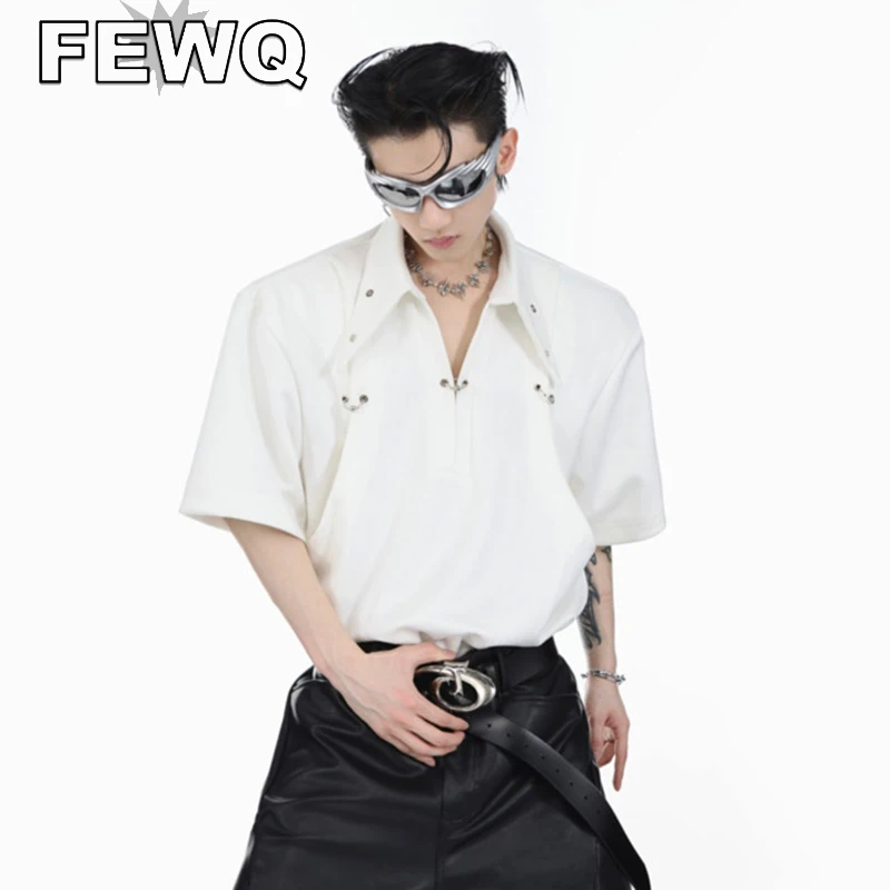 

FEWQ Fashion Men's Shirt Niche Shoulder Pad Top Metal Buckle Hollow Out Design Lapel Short Sleeve T-shirts 2023 Summer New 9C761
