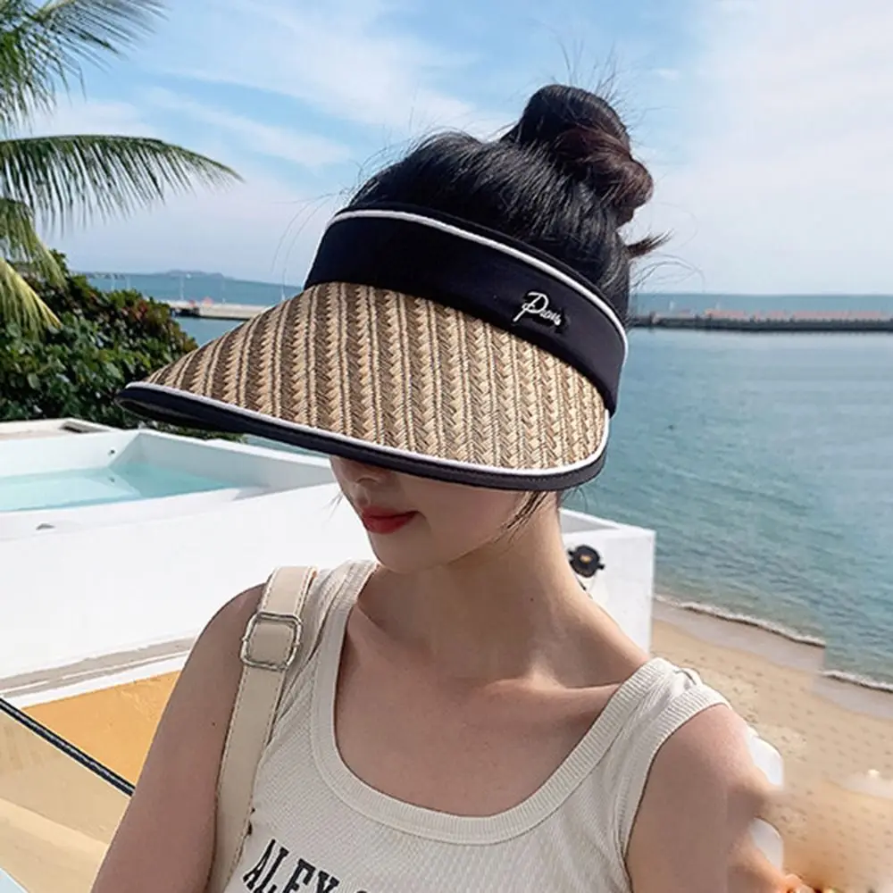 

Summer For Girl Letter Large Brim Visor Hat Sun Visor Anti-ultraviolet Sunscreen Hat Empty Top Cap Summer Sun Cap Women Sun Hat