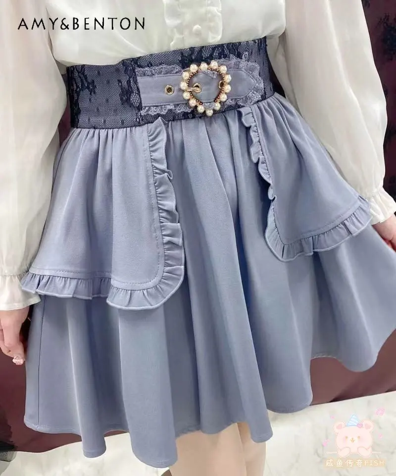 Summer 2023 New Pearl Buckle Lace Patchwork Mini Skirt Fashion Japanese Style Sweet Women's Short Skirt