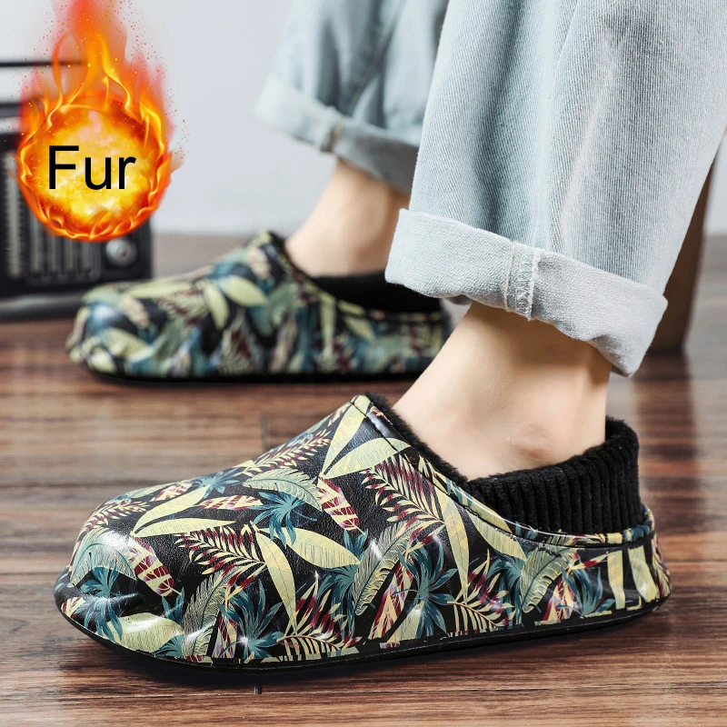 

Водонепроницаемые брендовые зимние мужские и женские шлепанцы с принтом листьев 36-45 для дома Повседневная хлопковая дизайнерская мужская ...