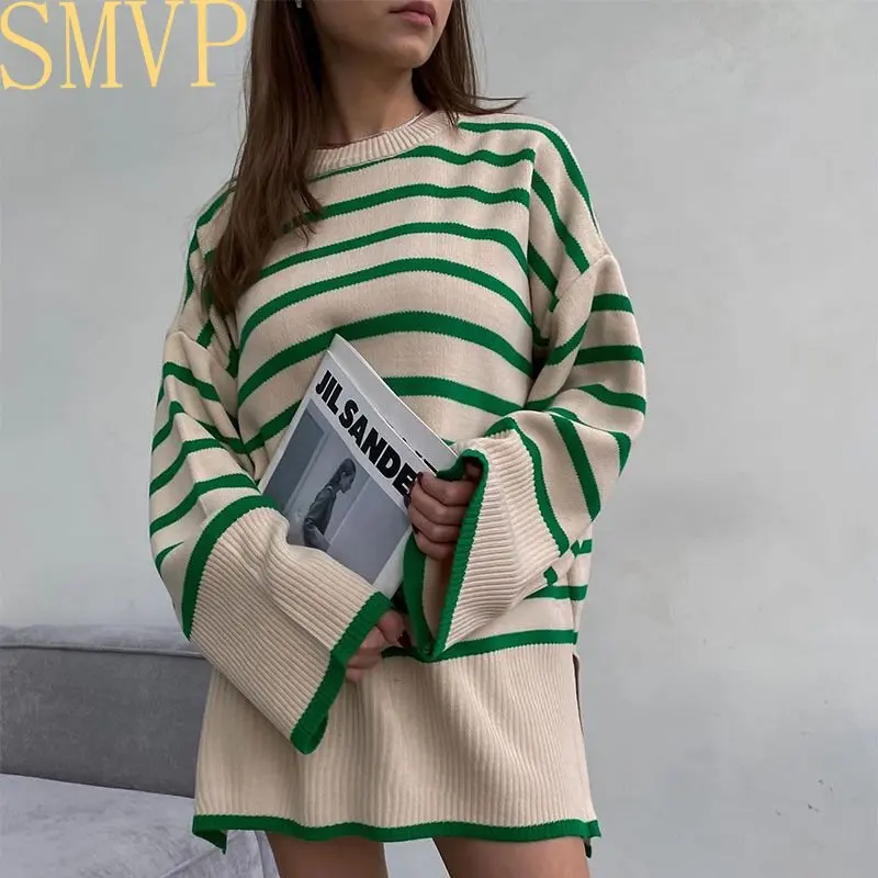 

SMVP Fall Striped O-Neck Loose Sweaters Female Long Sleeve Casual Pullovers Side Split Knitted Sweater Ladies Winter Clothes